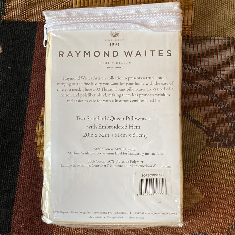 RAYMOND WAITES EMBROIDERED 500 Tread 2 STANDARD PILLOWCASES 20 X 32, NEW package - Picture 3 of 3